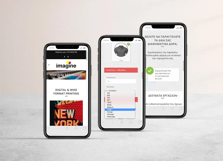 Three phones with Imagine Arts pages: digital prints, the order form and the confirmation