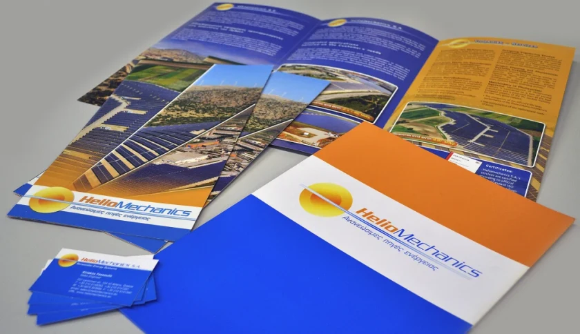 HelioMechanics trifold, folder and cards with photos of solar parks