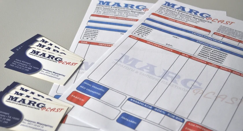 Marg Plast invoices and business cards in blue and red