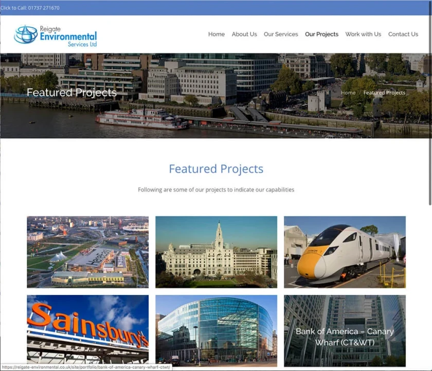 Η σελίδα «Featured Projects» της Reigate Environmental με φωτογραφίες έργων