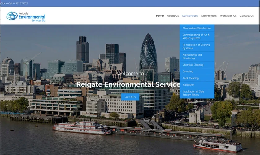 Η αρχική σελίδα της Reigate Environmental Services με θέα στο Λονδίνο και ανοιχτό το μενού υπηρεσιών