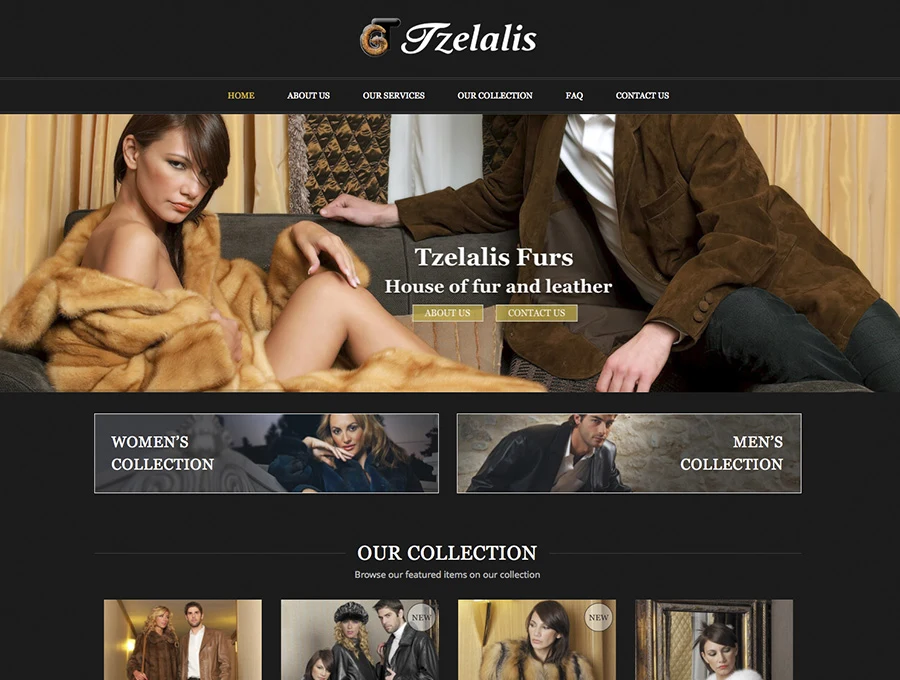 Tzelalis Furs home page with models in fur and leather, and sections for the women’s and men’s collections