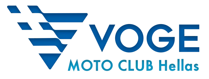 Οριζόντια εκδοχή του λογότυπου Voge Moto Club Hellas σε μαύρο φόντο