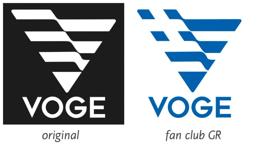 The original Voge mark next to the blue fan club mark inspired by the Greek flag