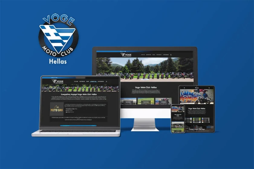 Η ιστοσελίδα του Voge Moto Club Hellas σε laptop, οθόνη, tablet και κινητό, δίπλα στο λογότυπο της λέσχης